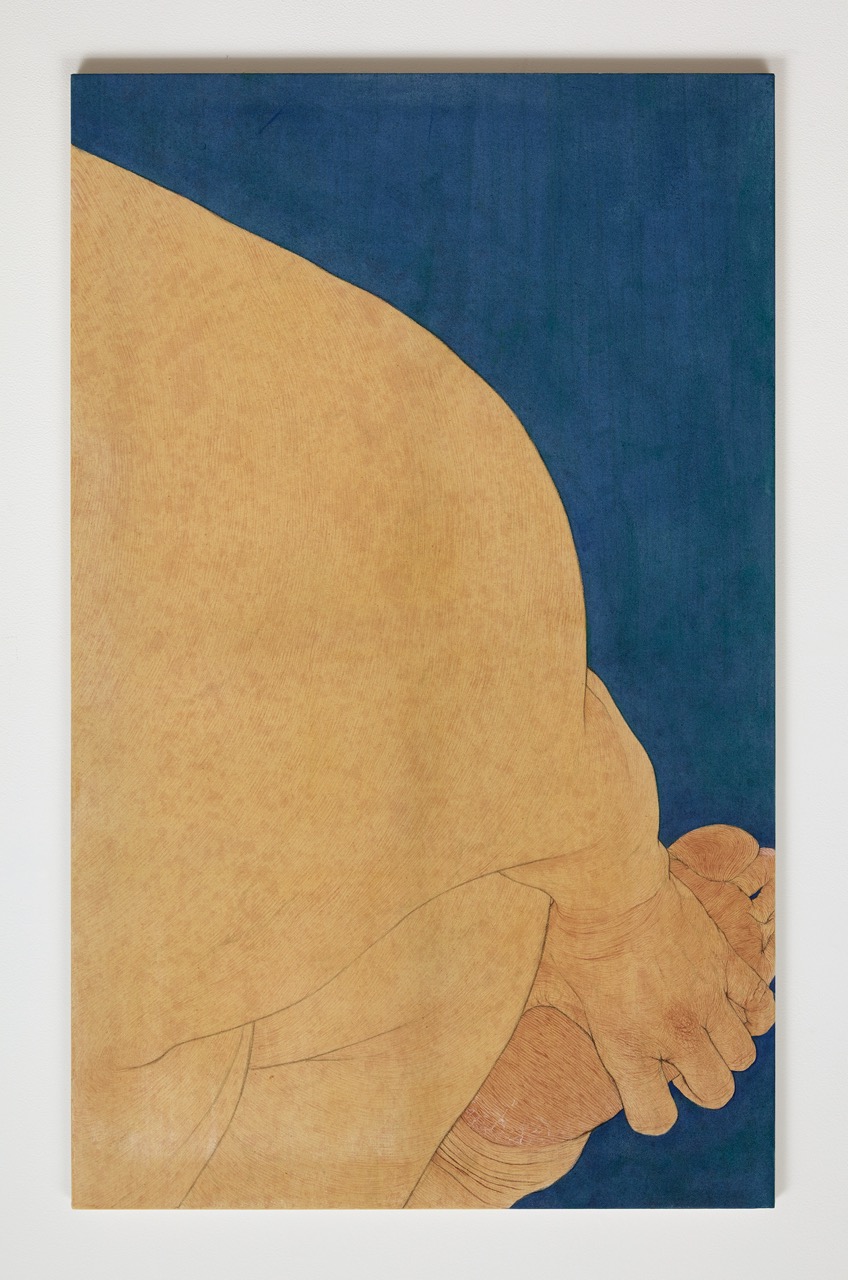 <i>Map Chromium oxide green x Phthalocyanine Green 1</i>, 2025. Pigment, rabbit skin and charcoal on calico, 51 1/8 x 31 1/2 in (130 x 80 cm)
